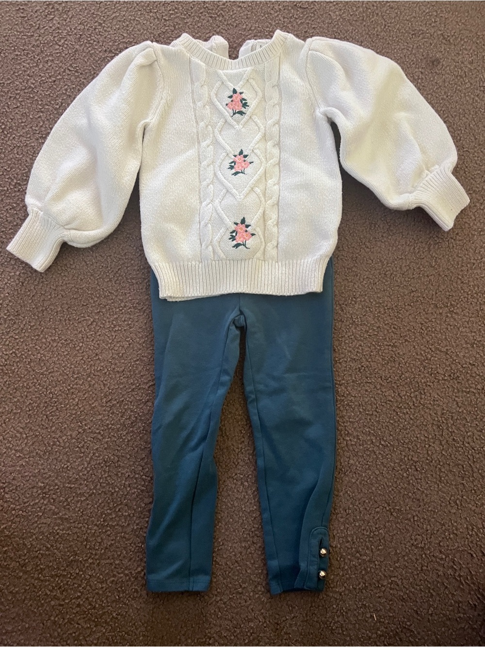 Janie and Jack Cream Cable Knit Sweater outfit with Floral Embroidery & leggings